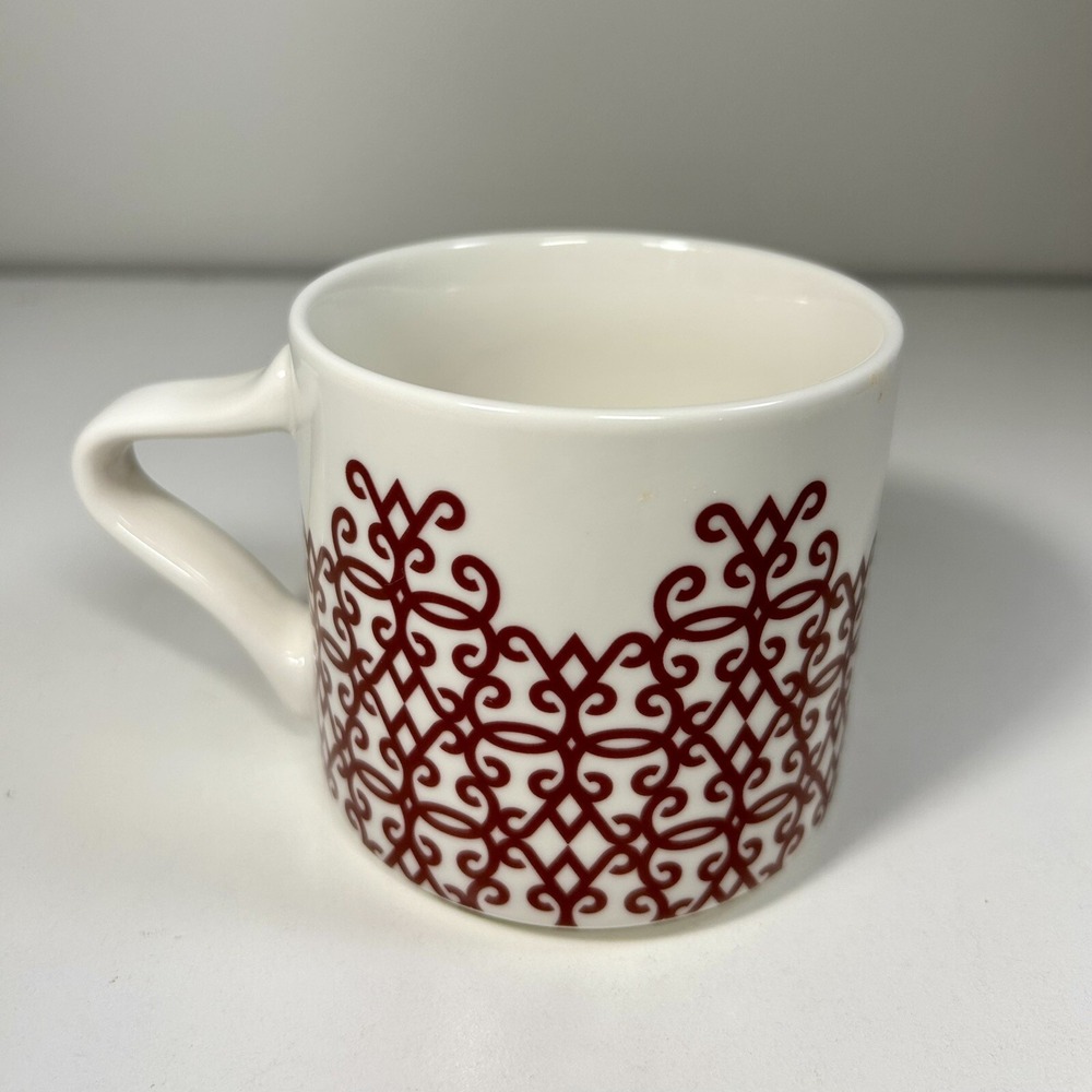 2017  Starbucks Coffee Mug Red Damask Scroll Diamond Filigree White Ceramic 12oz